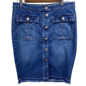 Vintage Roebuck & Co Denim Pencil Skirt Button Fly Frayed Hem Womens Size 10